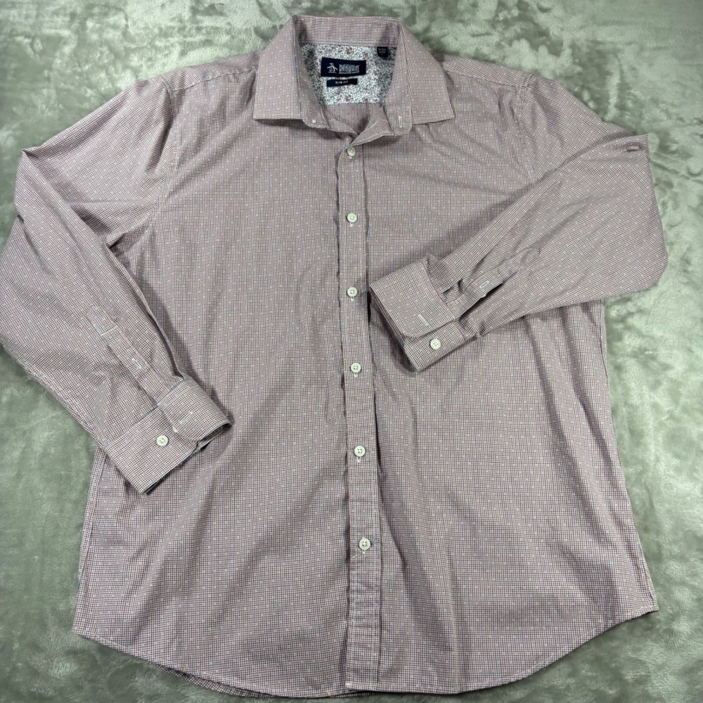 Original Penguin Mens Slim Fit Long Sleeve Button Down Shirt Red Blue Check L